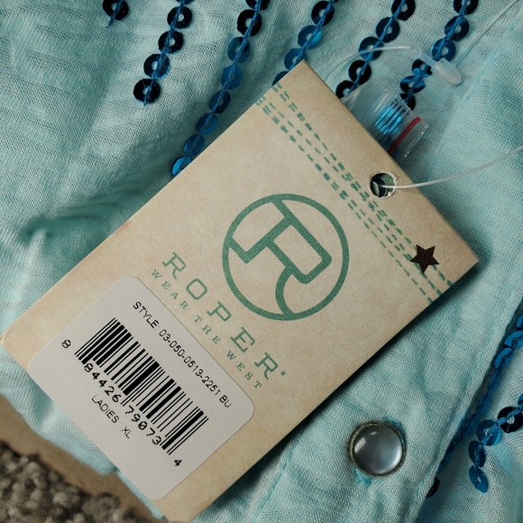 NWT Roper Blue Sequin Pearl Snap Button Down Shirt Women's Size XL - Picture 4 of 16